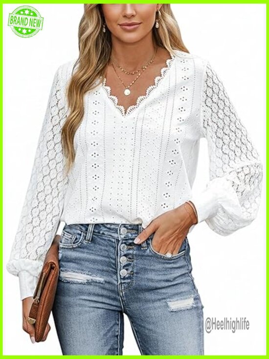 Tops - Eyelet Scalloped Lace V Neck Blouse Long Sleeve Casual Loose Fit Tunic